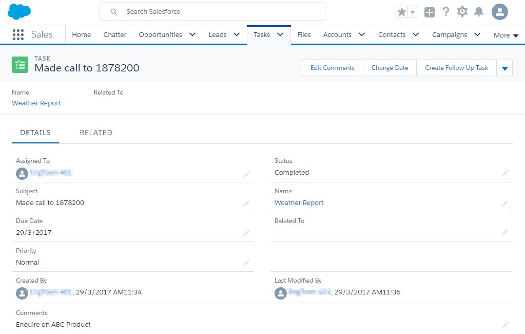 CRM call activity