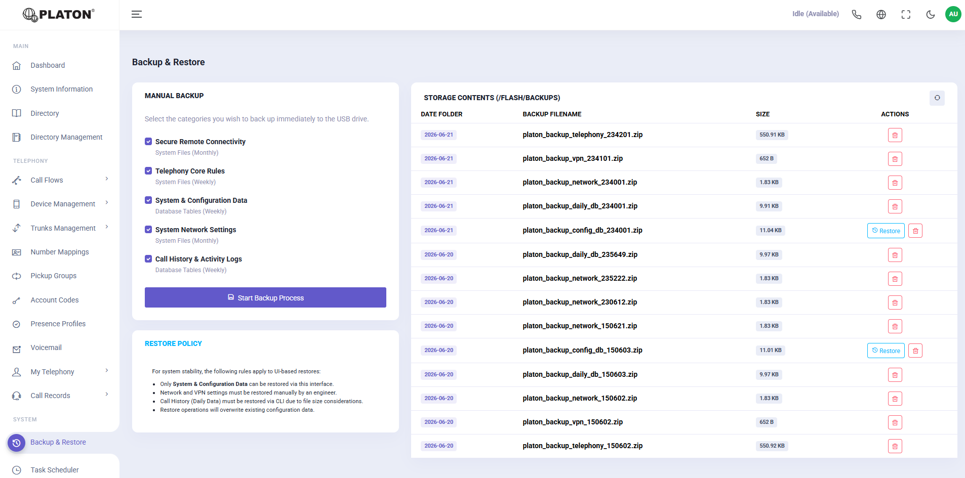 PLATON backup and restore interface