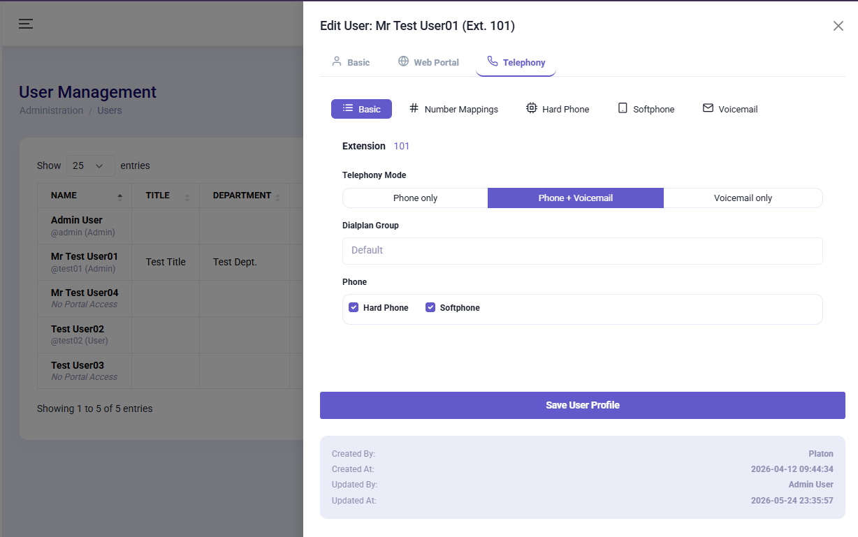 PLATON user telephony settings