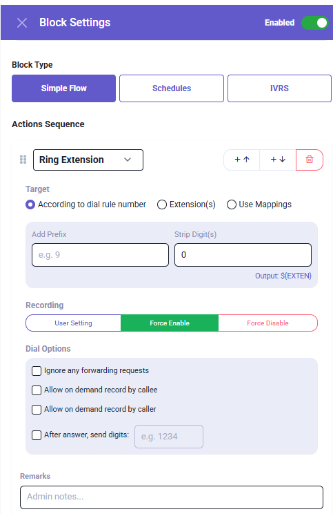 PLATON dial plan block settings