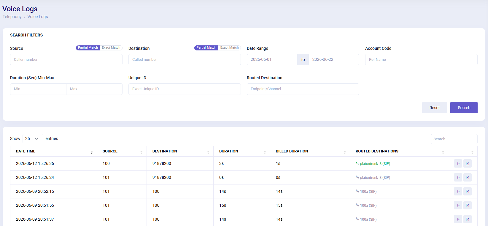 PLATON voice logs interface