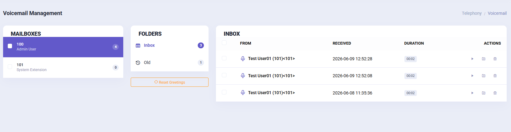 PLATON voicemail management interface