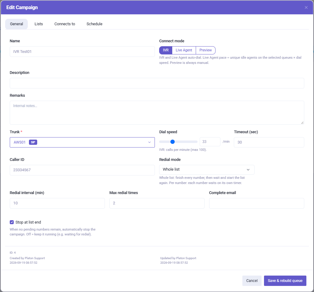 Outbound campaign general settings