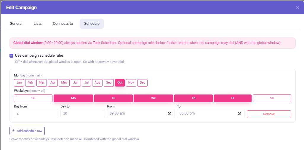Outbound campaign schedule settings